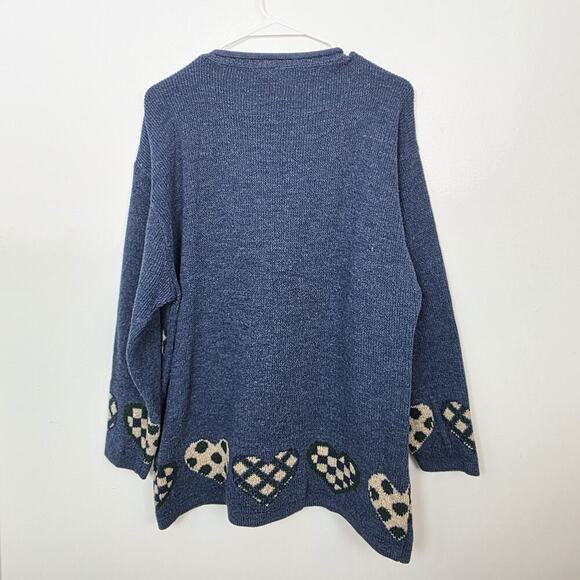 Vintage Maggie Lawrence Blue Green Heart Print Grandmacore Winter Sweater Sz 14 - Picture 4 of 5